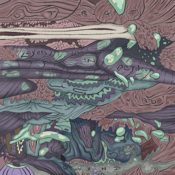 Layers of squished organic material, rendered in pastels. Globuls float around. The size could be micro or macro