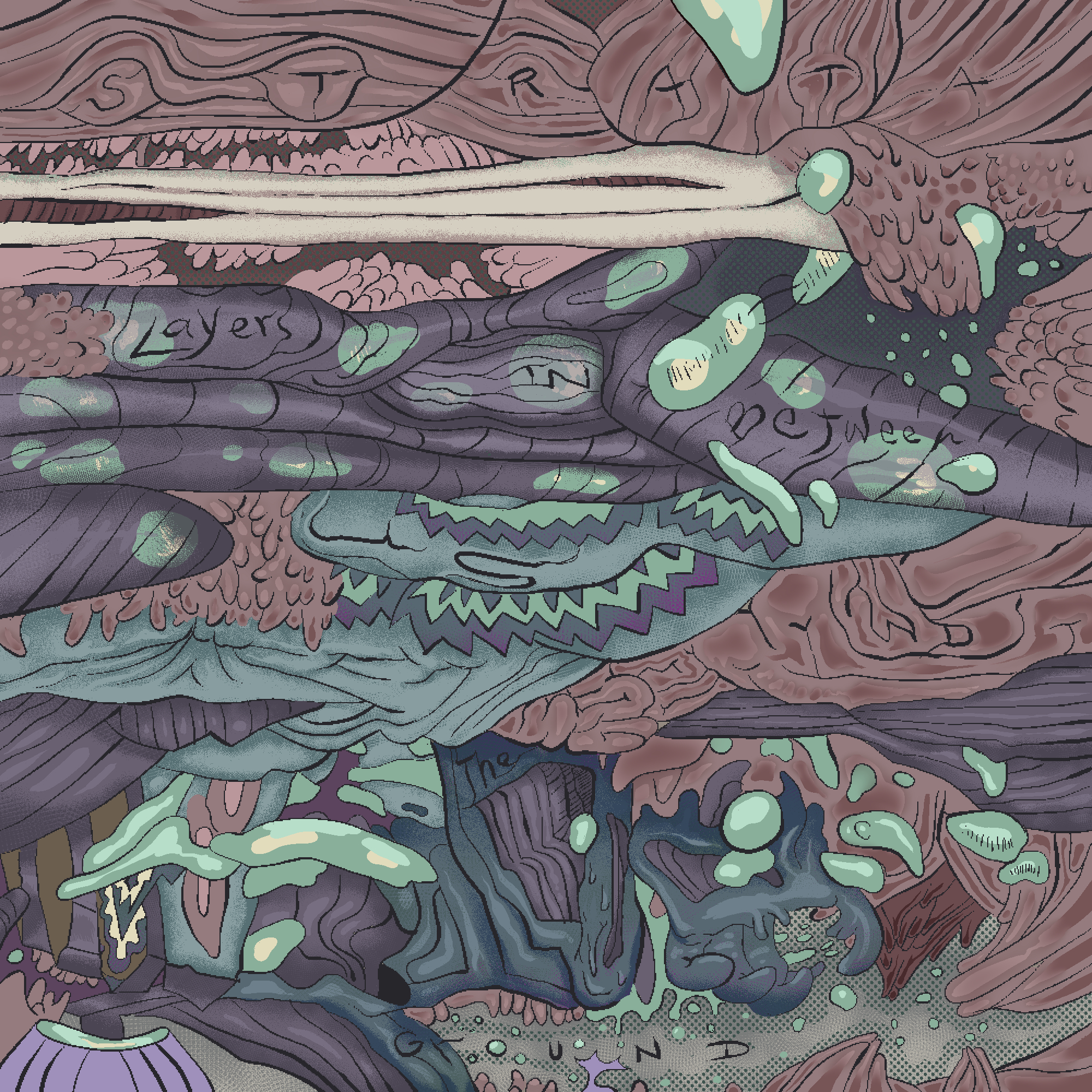 Layers of squished organic material, rendered in pastels. Globuls float around. The size could be micro or macro